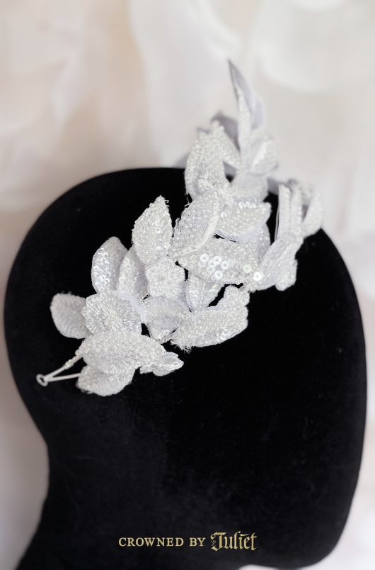 Kate Coronation Tiara with pearlized beads embroidered white leaves Middleton